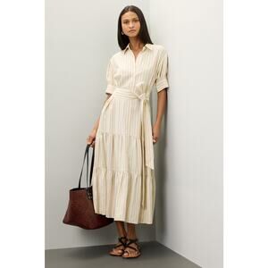 MARISSA WEBB x RTR Off White Collared Neck Tie Waist Linen Short Sleeve Dress 10